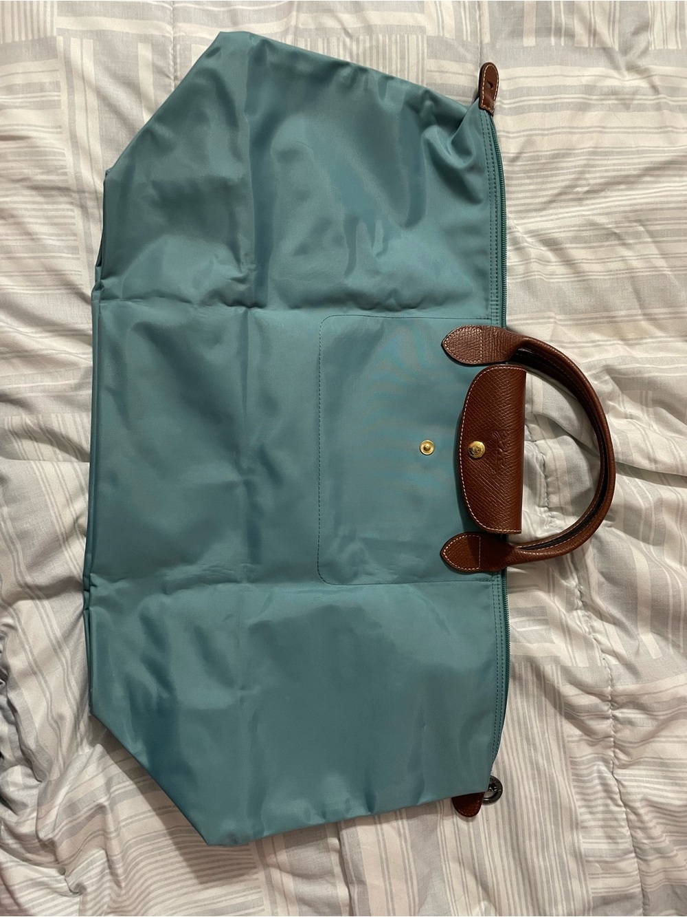 Longchamp Teal Nylon Tote with Brown Leather Trim